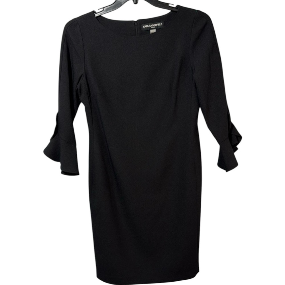 Karl Lagerfeld Dress Black Midi Sheath 3/4 Sleeve‎ Tulip Cuff in Size 8  EUC